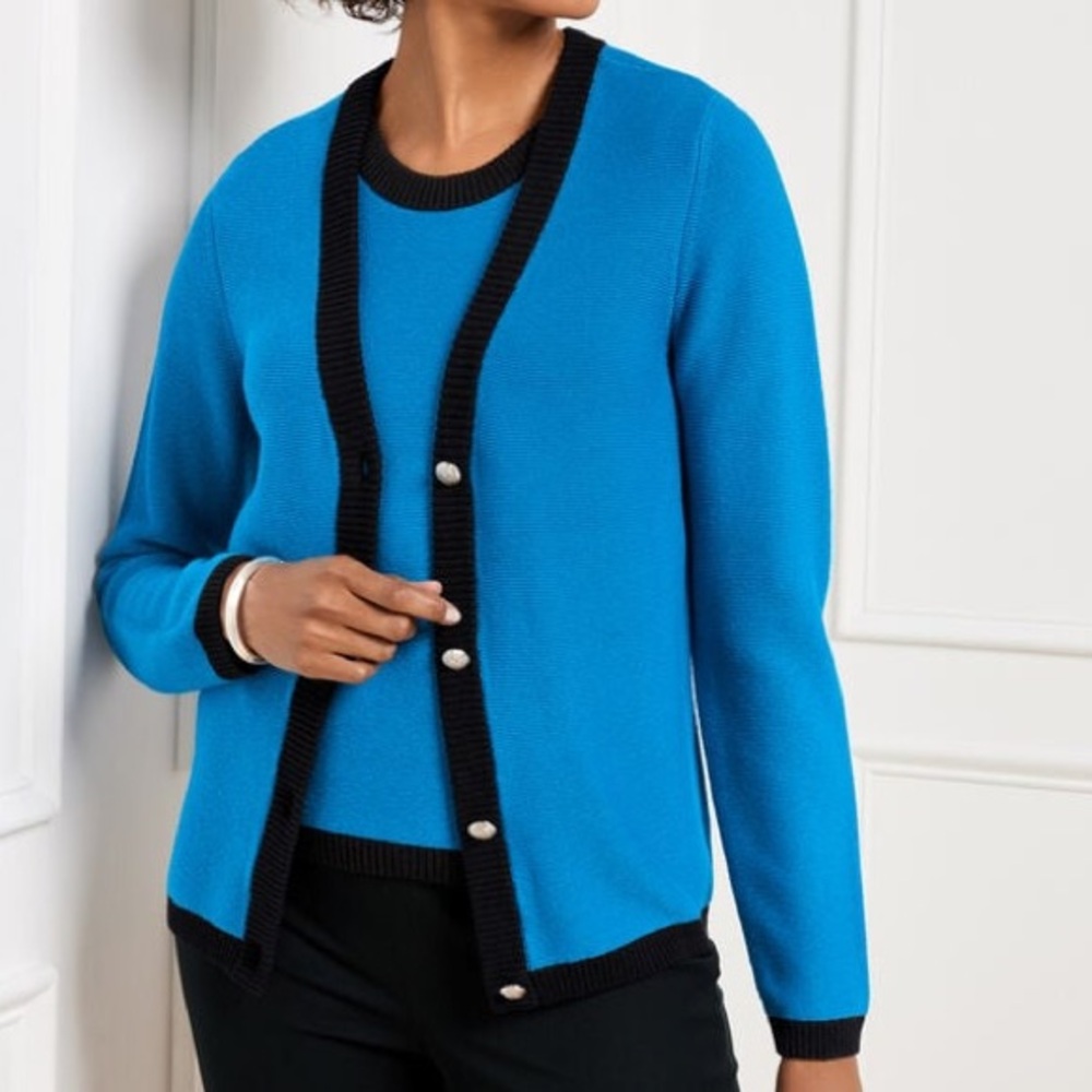 Talbots Tipped Texture V-Neck Cardigan Sweater Women’s Size XL Crested Buttons